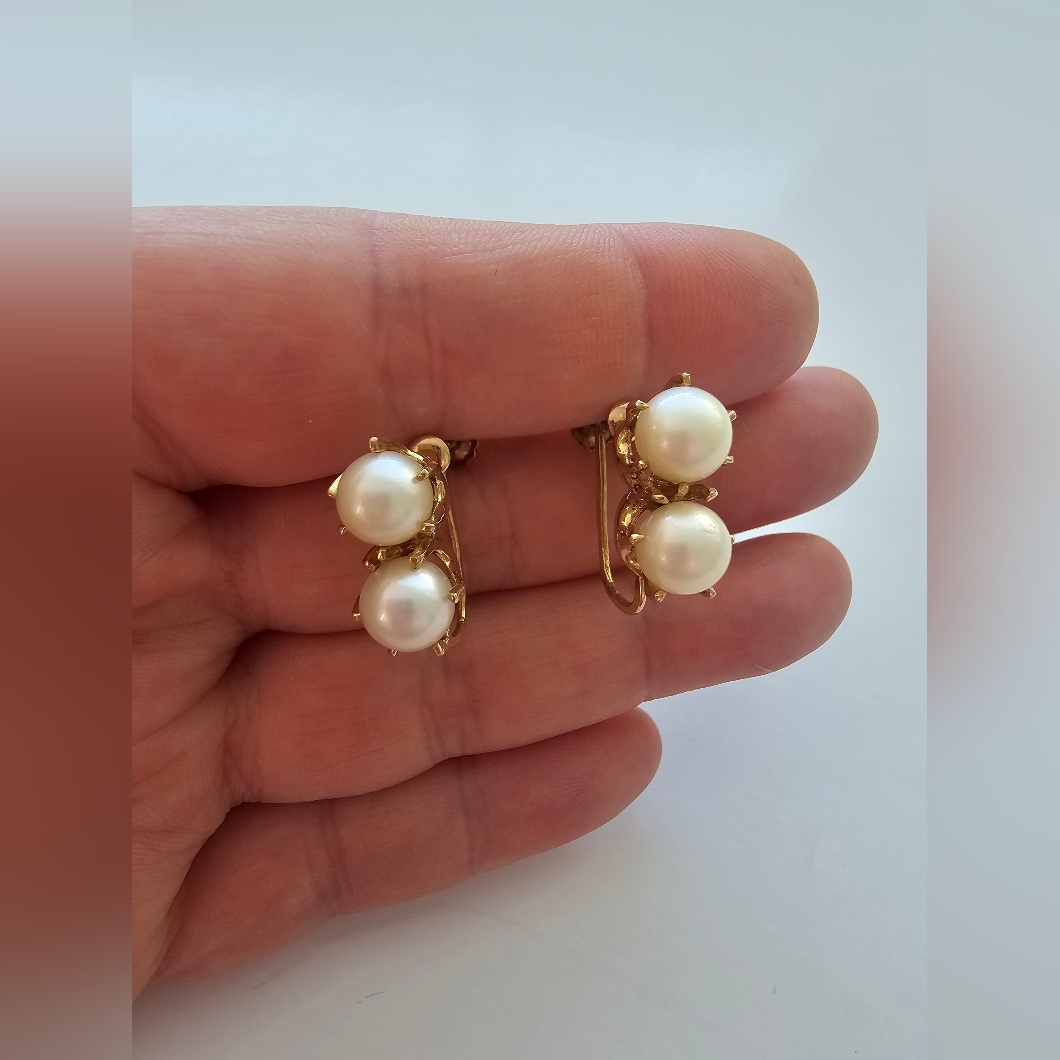 Vintage Mid-Century 14k Gold Double Pearl Earrings